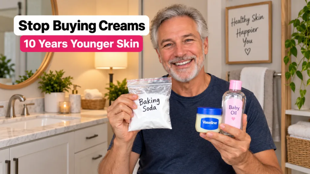 A smiling middle-aged man with gray hair and a beard holding baking soda Vaseline and baby oil The background is softly