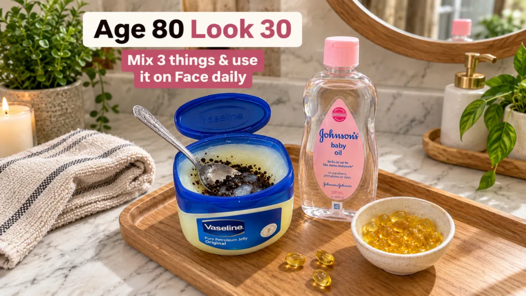 A DIY skincare setup on a wooden tray with a tub of Vaseline mixed with a dark granular substance a bottle of Johnson s