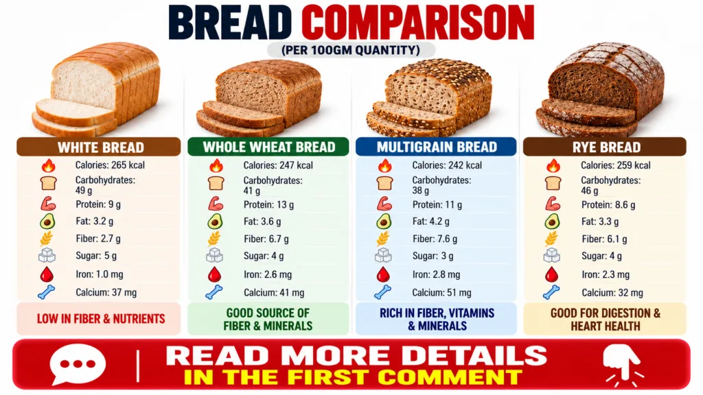 An infographic titled BREAD COMPARISON showing a side-by-side nutritional breakdown of White Whole Wheat Multigrain and