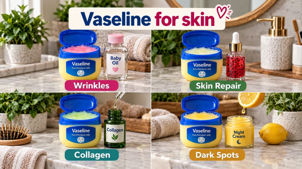 A four-panel grid showing Vaseline Pure Petroleum Jelly combined with other products like baby oil serum collagen serum