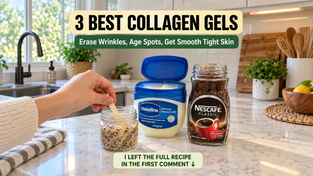A hand stirring a granular mixture in a small glass jar with Vaseline and instant coffee jars nearby