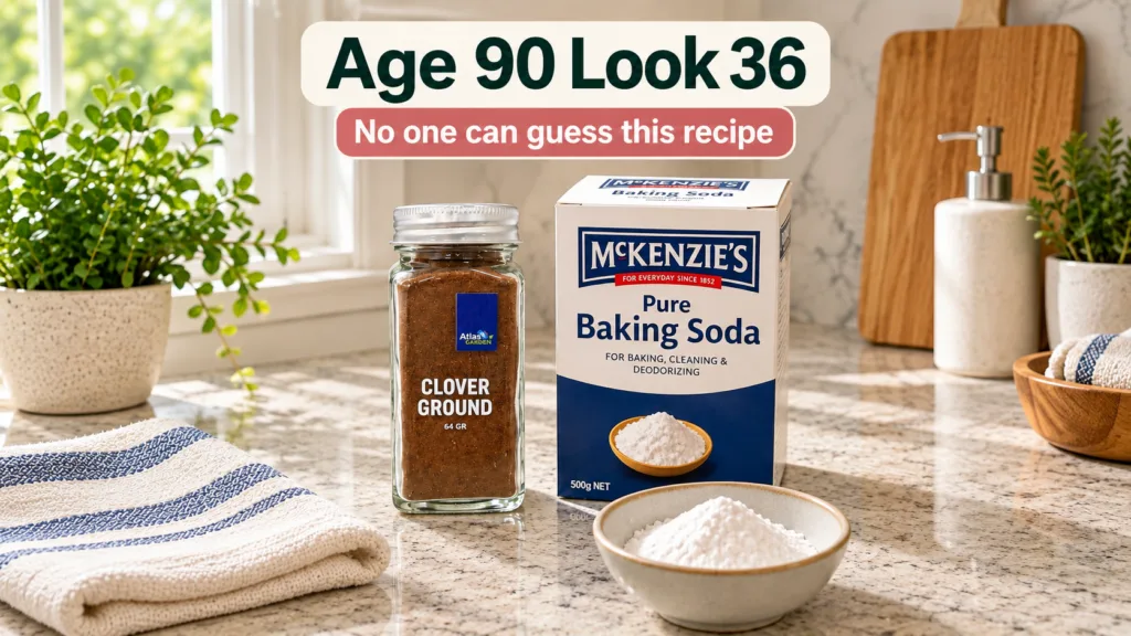 A jar of Clover Ground spice a box of McKenzie s Pure Baking Soda and a small bowl of baking soda on a kitchen counter w
