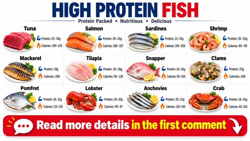 A clean grid-based infographic titled HIGH PROTEIN FISH showcasing 12 different types of seafood Each item such as Tuna 