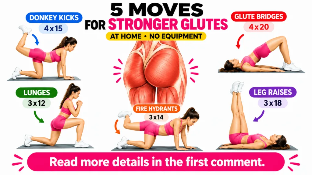 An infographic titled 5 Moves for Stronger Glutes at Home - No Equipment showing a central anatomical illustration of gl