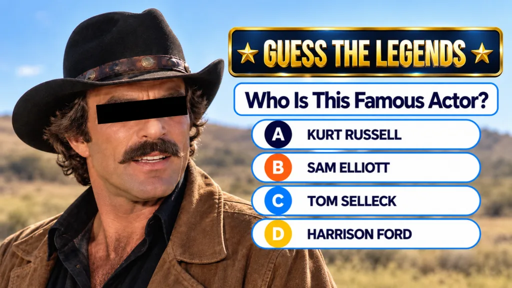 A classic quiz game interface featuring a partially obscured male actor with a black bar over his eyes wearing a cowboy 