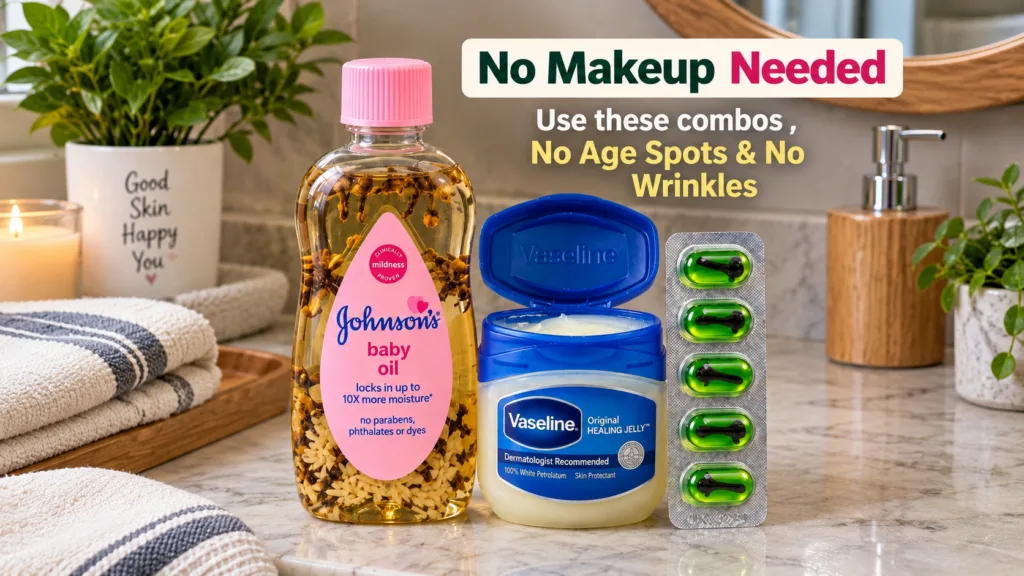 A skincare arrangement featuring Johnson s baby oil Vaseline and Vitamin E capsules on a marble countertop