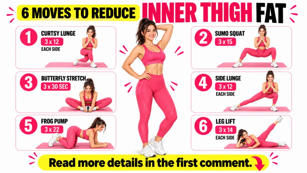 A brightly colored fitness infographic showing a smiling woman in pink activewear at the center surrounded by six insets