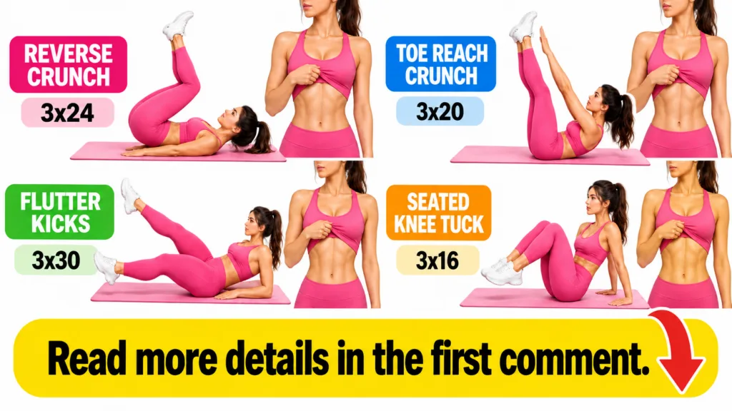 A woman demonstrating four different abdominal exercises Reverse Crunch Toe Reach Crunch Flutter Kicks Seated Knee Tuck