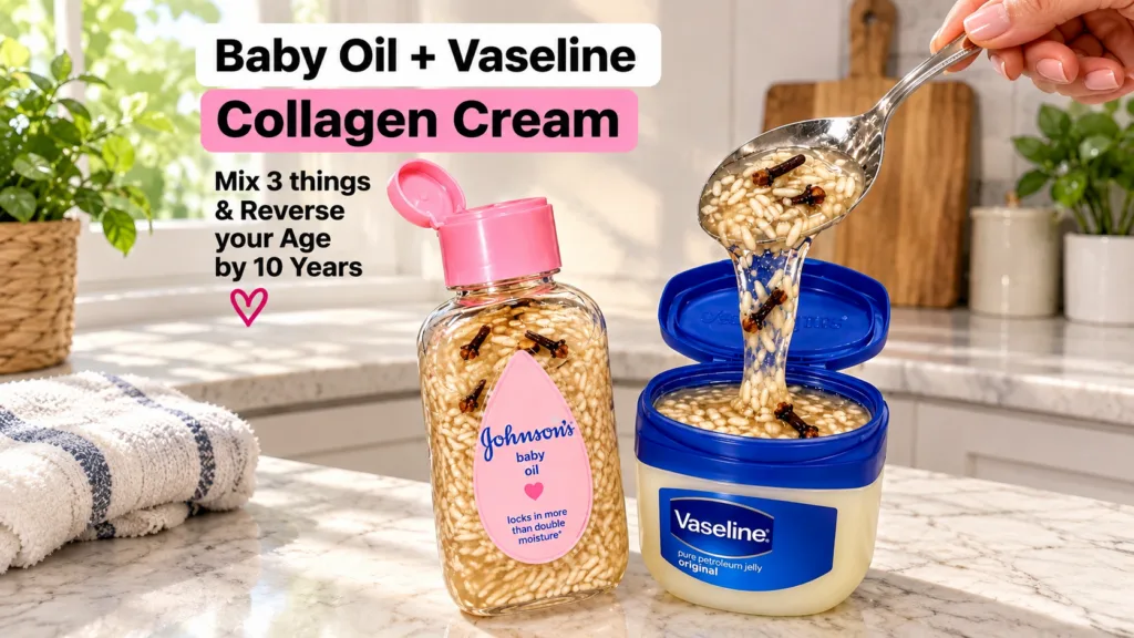 A close-up of a hand mixing baby oil Vaseline rice and cloves in a bowl with a spoon in a well-lit kitchen