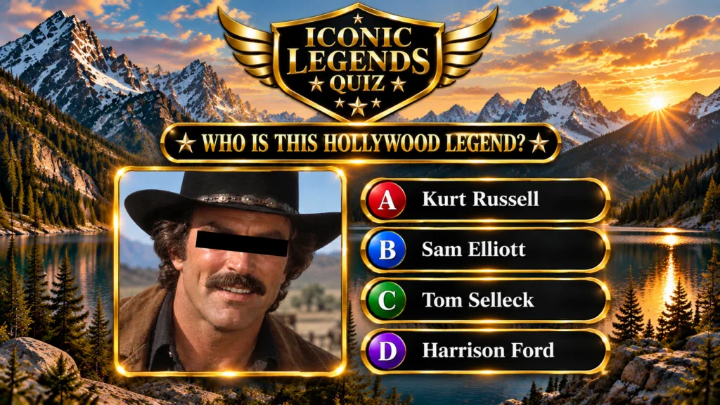A vertical quiz graphic featuring a close-up portrait of a man with a mustache and a cowboy hat whose eyes are censored 