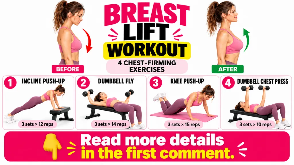 An instructional graphic for a Breast Lift Workout showing a Before After posture comparison and four distinct exercises