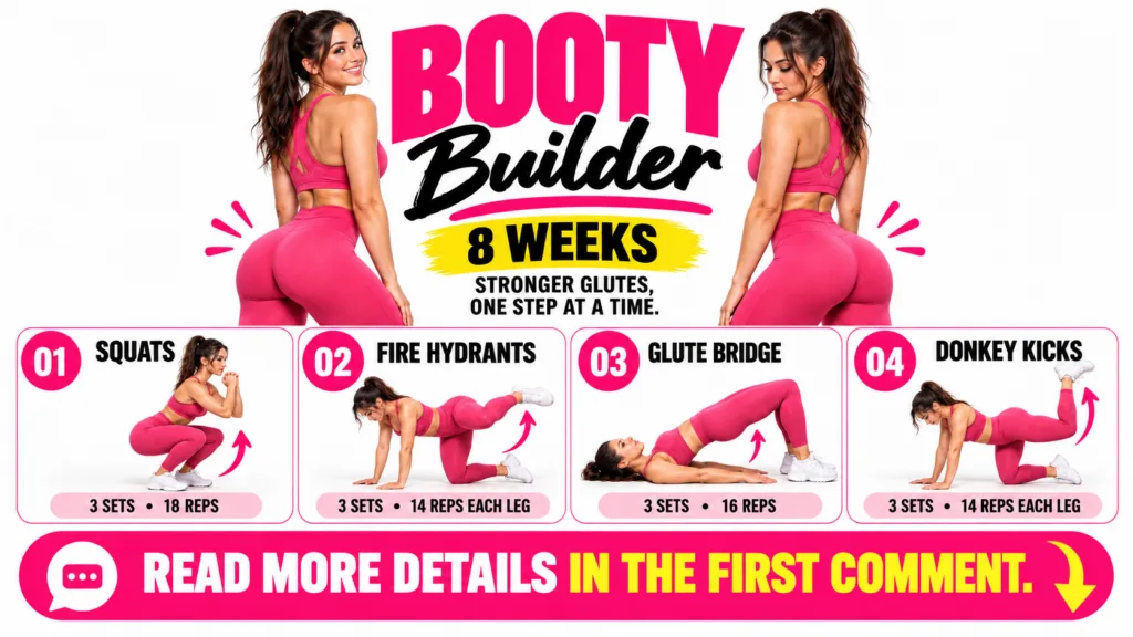 An infographic showing a woman demonstrating squats fire hydrants glute bridges and donkey kicks with instructions on se