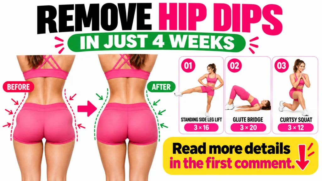 An infographic showing Before After hip contours and demonstrations of Standing Side Leg Lift Glute Bridge and Curtsy Sq