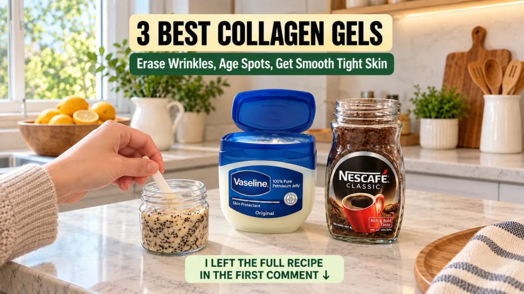 A hand stirring a mixture of coffee and Vaseline in a small glass jar on a kitchen counter with an open tub of Vaseline 