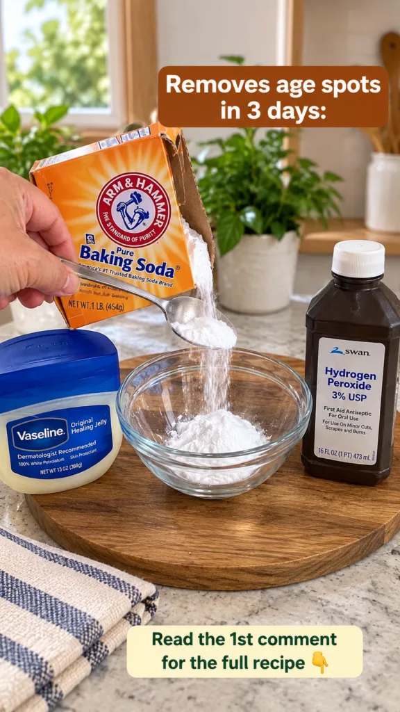 A close-up of a kitchen counter with baking soda being poured from a box into a clear glass bowl with a tub of Vaseline 