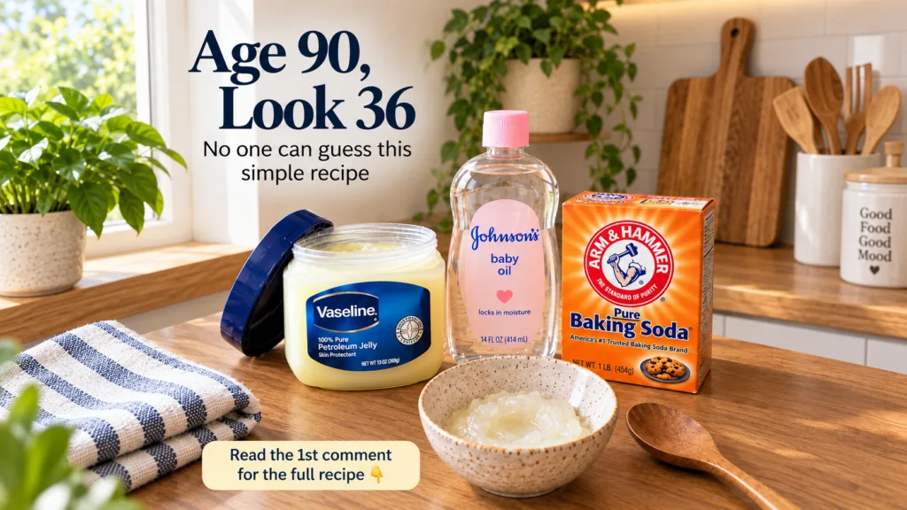 A rustic collection of common household beauty ingredients including Vaseline Johnson s baby oil and baking soda with a