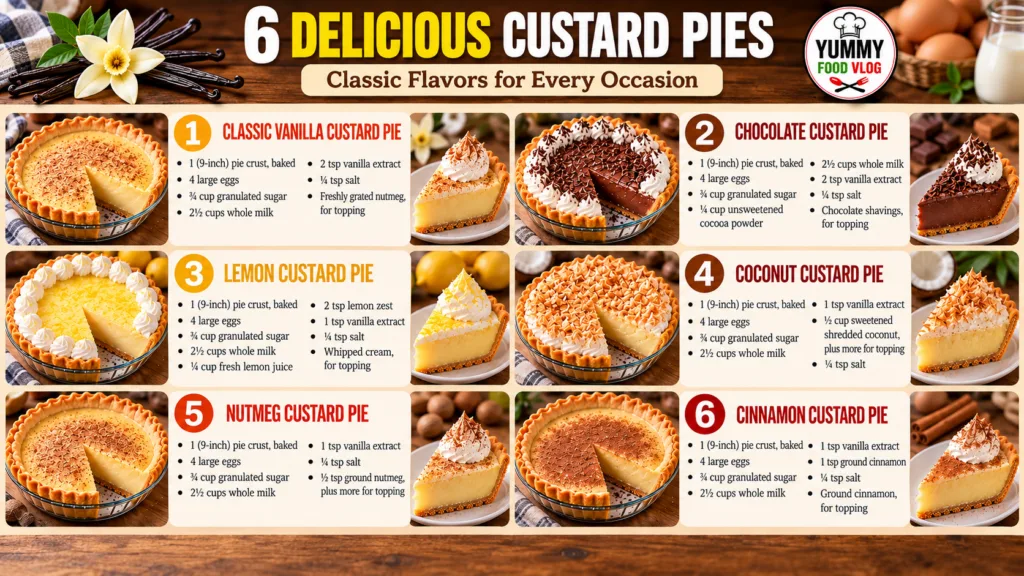A vibrant culinary infographic showcasing six distinct custard pies each with its full form and a prepared slice Each pi