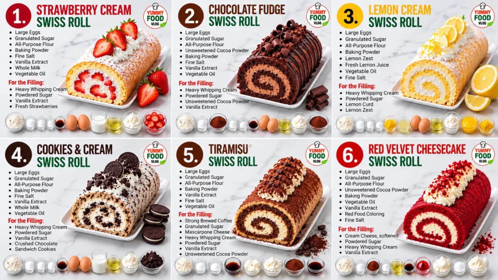 A vibrant collage featuring six distinct Swiss roll variations each presented with its associated ingredient list Each r