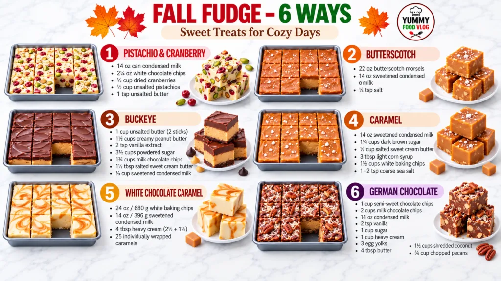 An array of six distinct vegan fudge recipes including Pistachio Cranberry Butterscotch Buckeye Caramel White Chocolate 