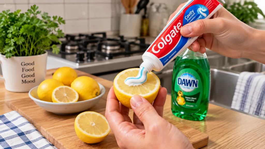 Close-up of hands squeezing toothpaste onto a halved lemon on a wooden cutting board with blurred kitchen background
