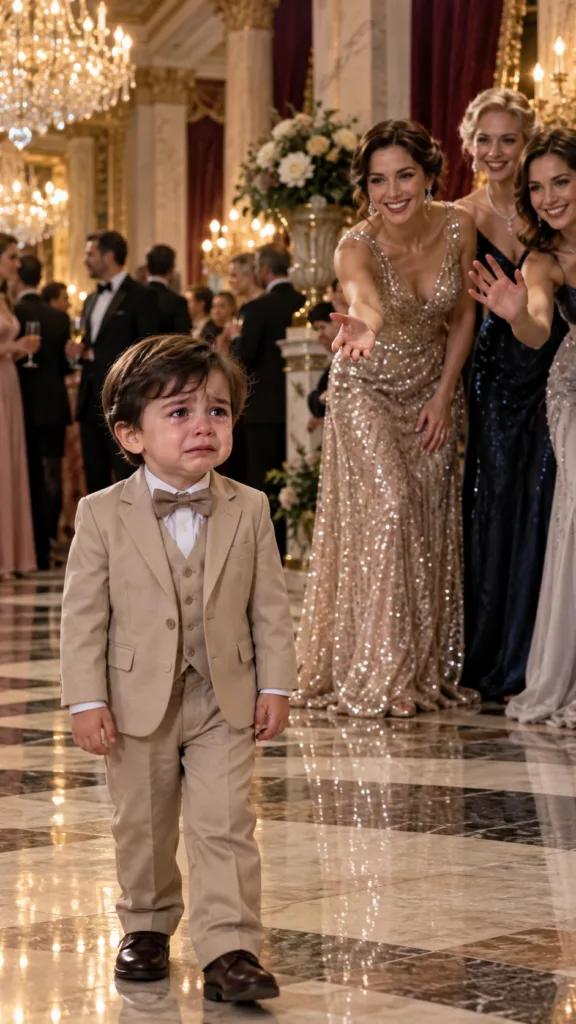 A five-year-old boy in a cream tuxedo crying profusely hugging a maid in a black uniform amidst a lavish ballroom event