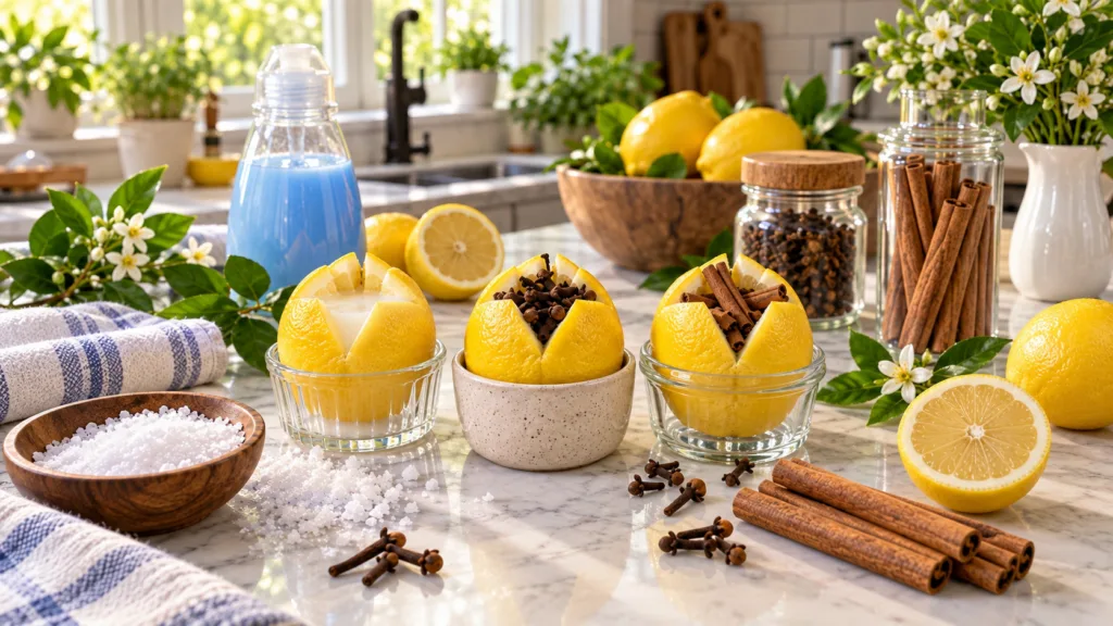 Three prepared lemons on a counter each acting as a natural air freshener with different fillings like liquid cloves and