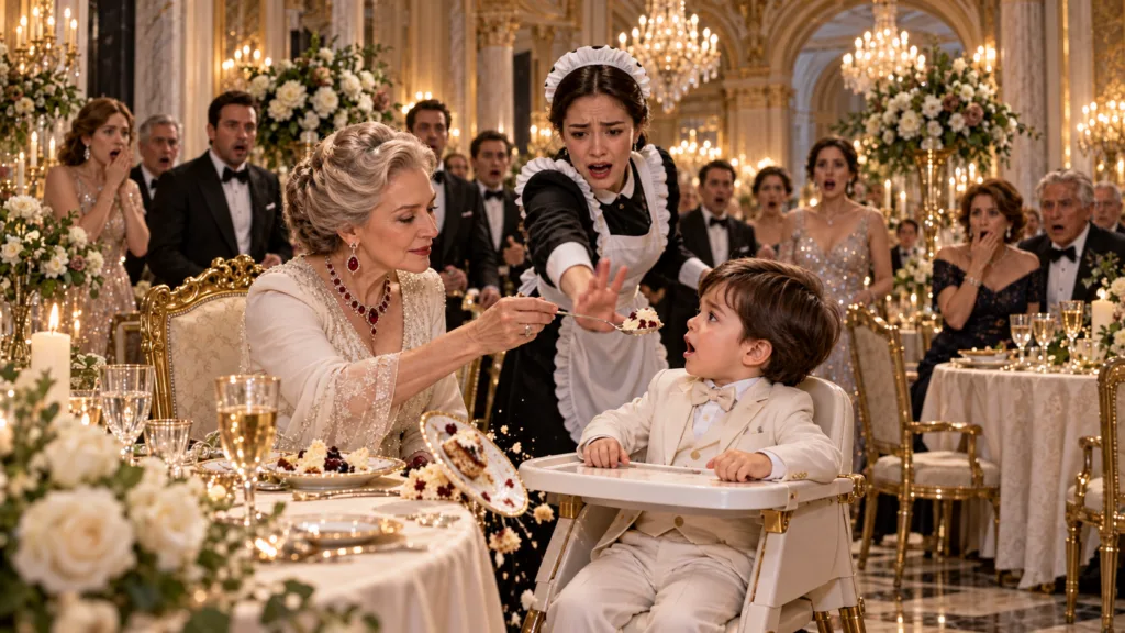 An elegant older woman in a white gown is attempting to feed a young boy in a high chair A maid in a dark uniform rushes