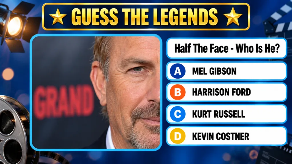 A quiz card showing a cropped portrait of actor Kevin Costner s face with a banner that reads GUESS THE LEGENDS and the 