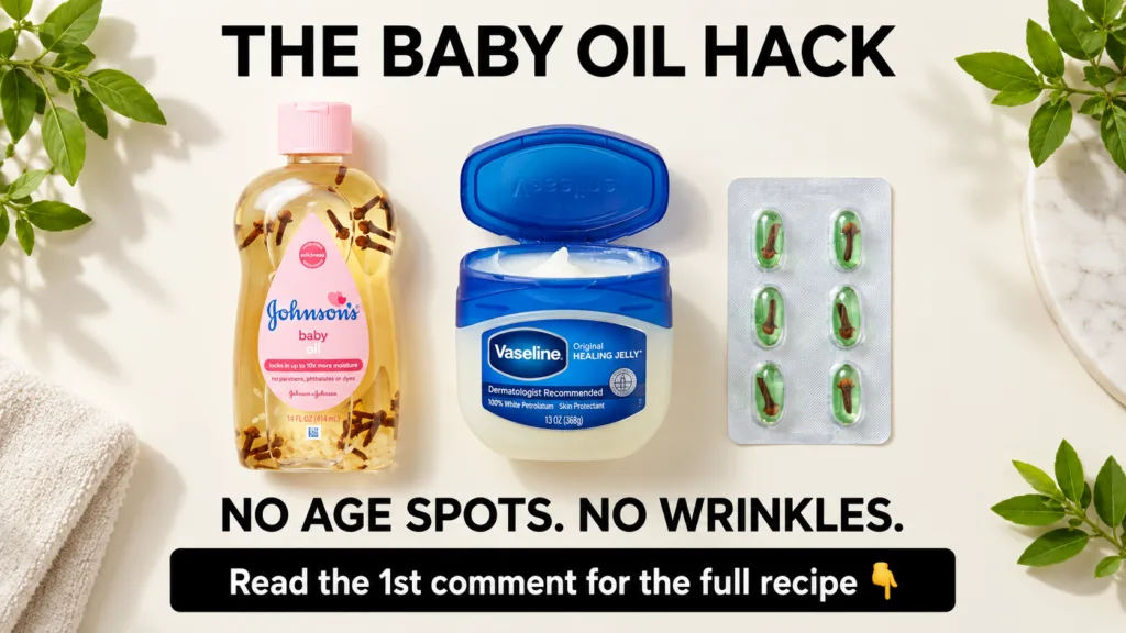 A flat lay of beauty products a bottle of baby oil infused with cloves and rice an open jar of Vaseline and a blister pa