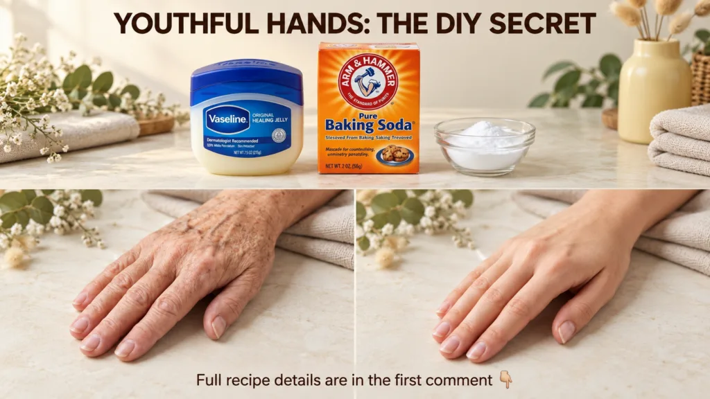 A split image showing an older hand with visible wrinkles on one side and a younger smoother hand on the other represent