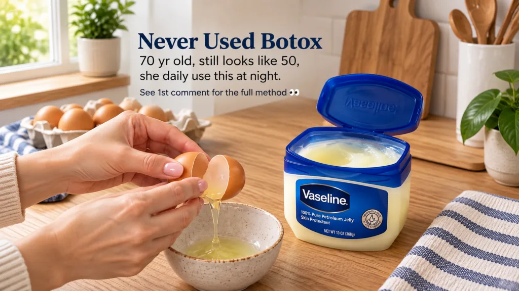 Hands cracking an egg with egg white dripping into a small bowl next to an open jar of Vaseline on a kitchen counter