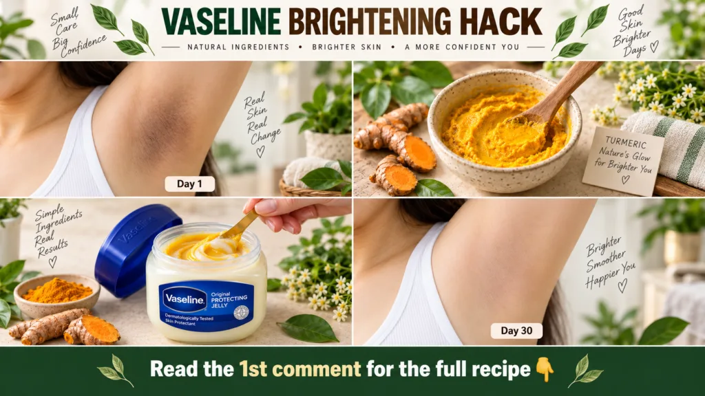A multi-panel collage showing a Vaseline Brightening Hack with before-and-after armpit shots turmeric roots and paste an