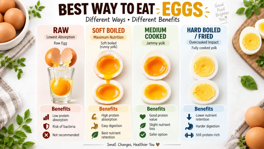 An infographic showing different ways to prepare eggs raw soft boiled medium cooked hard boiled fried and their associat
