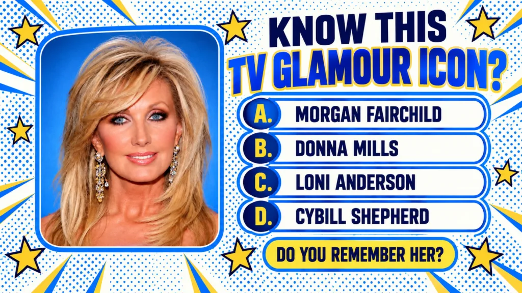 Glamorous blonde woman identified as Morgan Fairchild framed within a retro-style graphic with yellow stars dots and ray