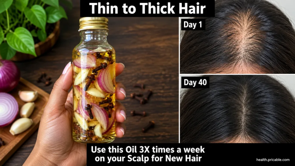 A clear glass bottle filled with golden infused oil containing sliced red onions whole cloves and garlic slivers held by