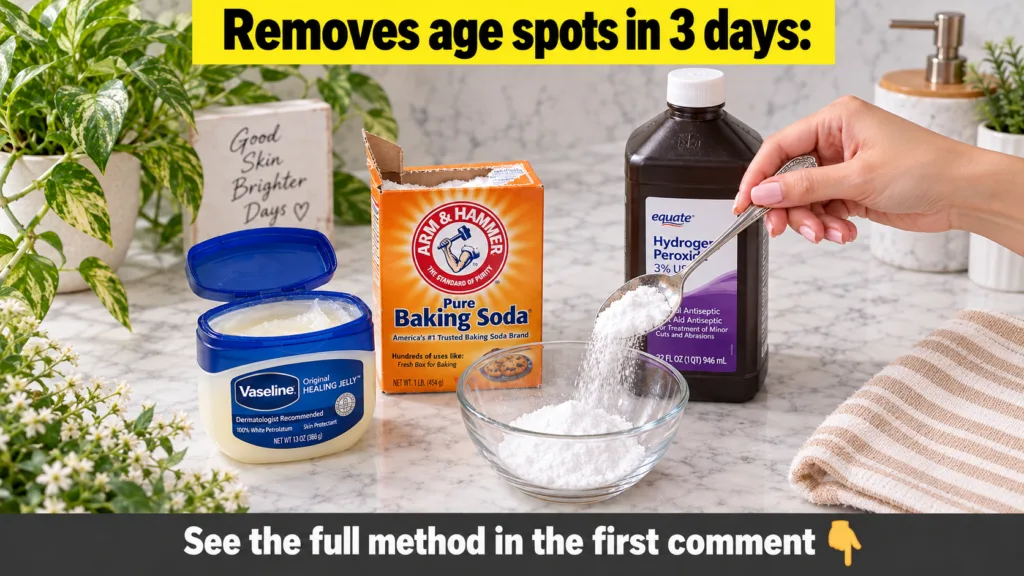 A person s hand spooning baking soda into a small glass bowl with an open tub of Vaseline and a bottle of hydrogen perox