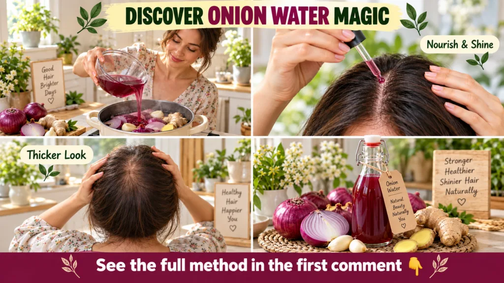 A four-panel collage illustrating the process of making and using onion water for hair showing onions and ginger being p