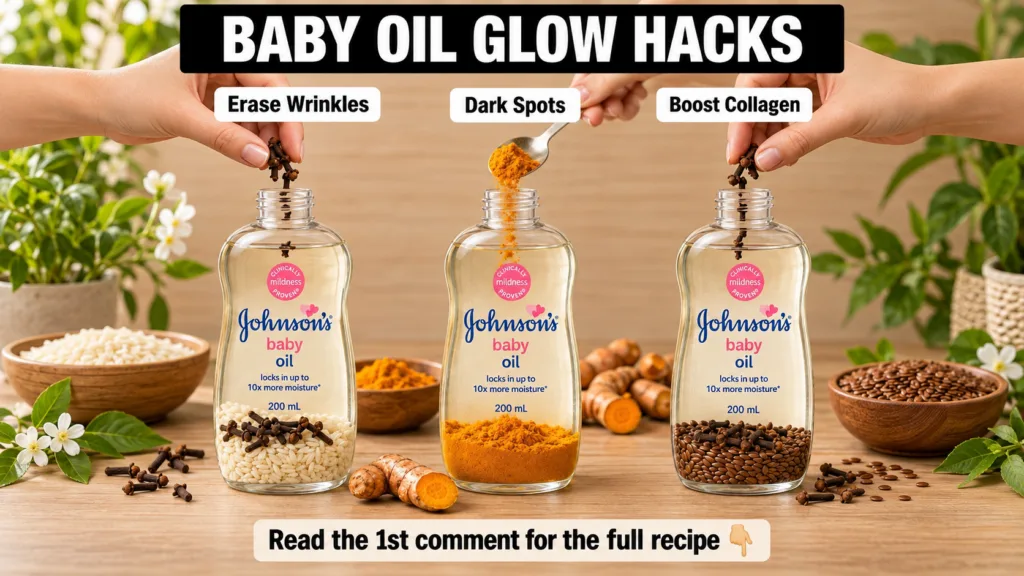 Three clear bottles of Johnson s Baby Oil each infused with different natural ingredients cloves and rice turmeric powde