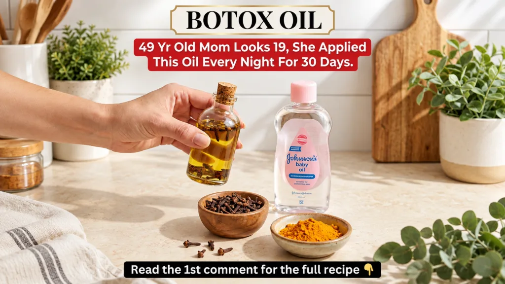 A hand holding a small corked bottle of oil infused with cloves next to a larger bottle of baby oil a bowl of cloves and