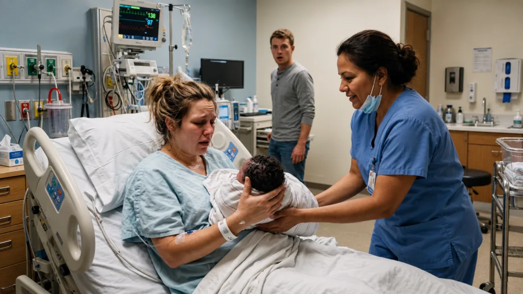A new mother cradling her newborn baby in a hospital room with a nurse offering support and the father looking on emotio
