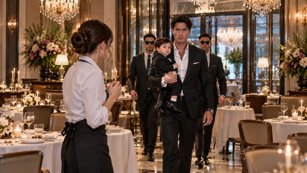 A distinguished man in a suit holding a young child also in a suit walking through a lavish restaurant with security and