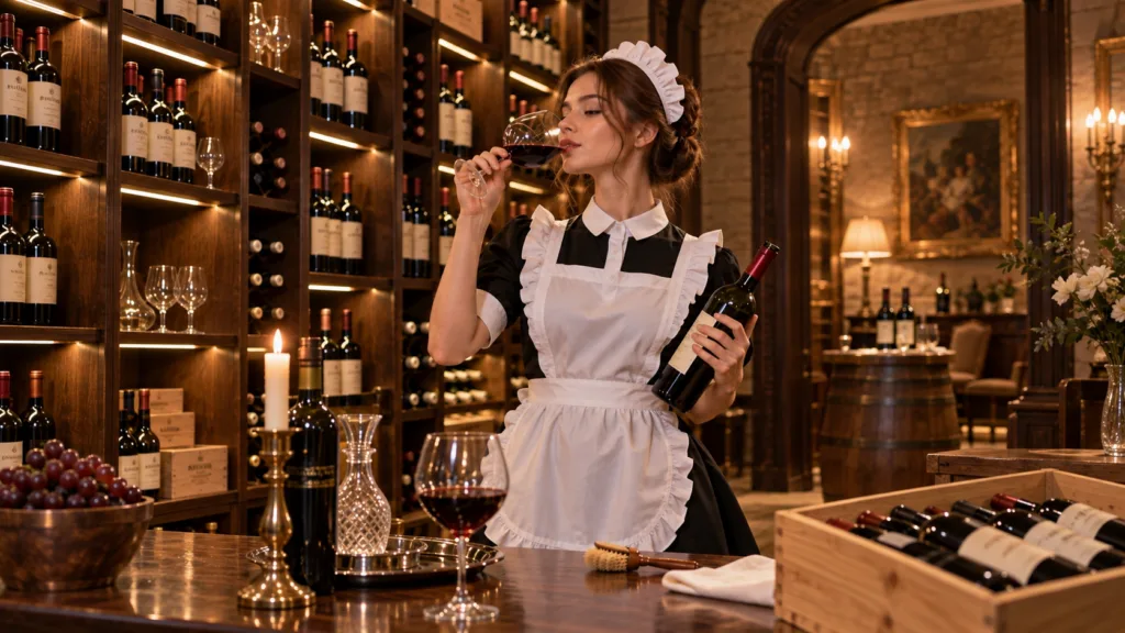 Sophie a young maid in a dark uniform is captivated by a vintage wine bottle on a polished wooden desk in a grand sunlit