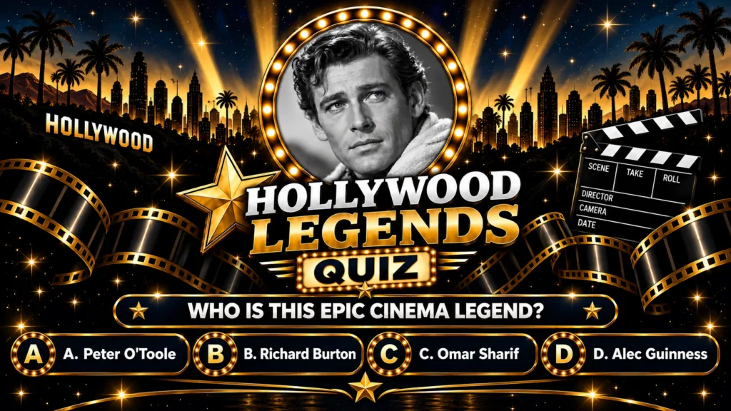 A black and white portrait of Richard Burton a classic actor framed by illuminated bulbs against a stylized Hollywood ci