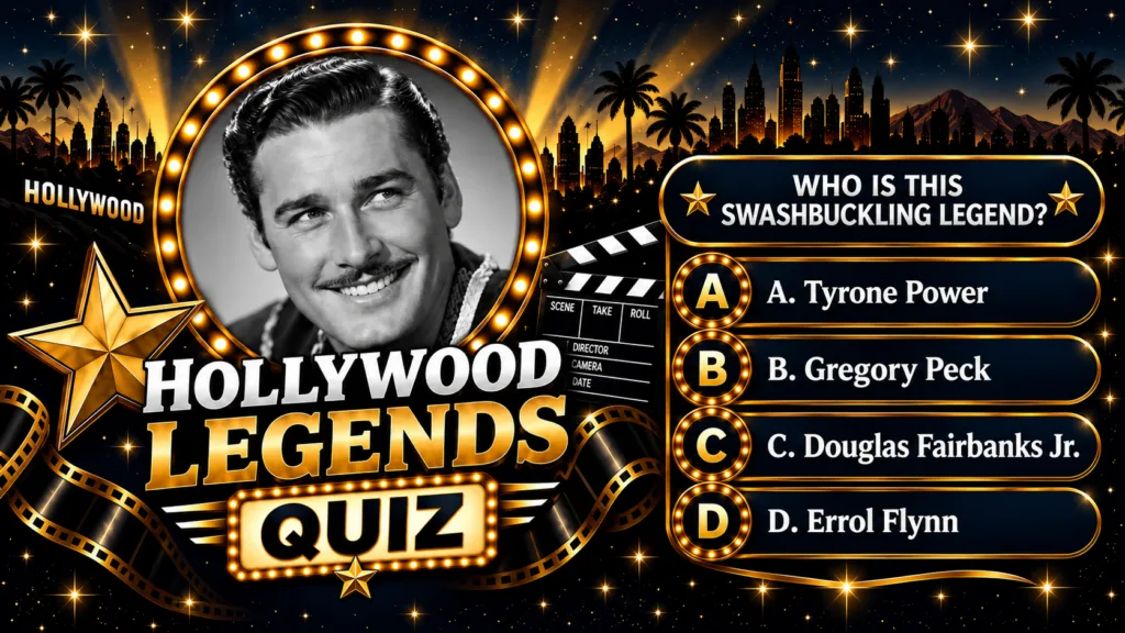 A vertical Hollywood-themed quiz graphic featuring a black and white portrait of a smiling mustachioed man encircled by