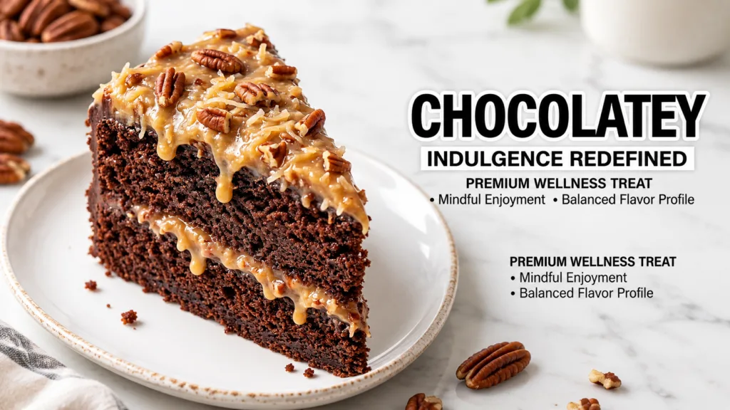 A close-up diagonal view of a slice of German chocolate cake showing the dark brown cake base thick coconut-pecan frosti