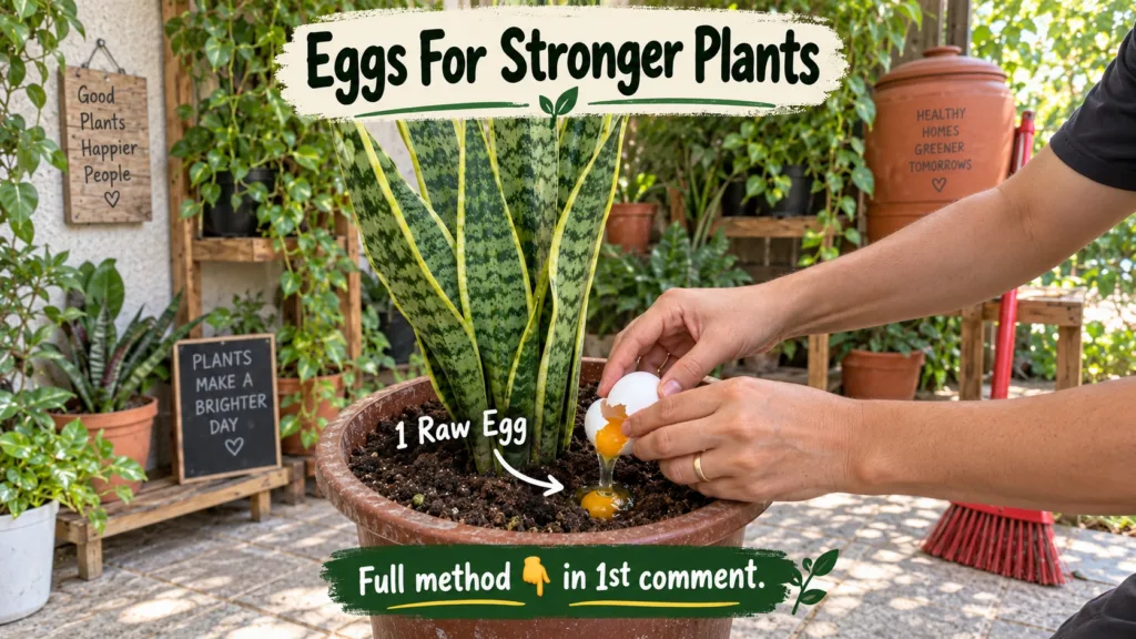 A person s hands cracking a raw white egg directly into the soil of a potted snake plant with the yolk and white drippin