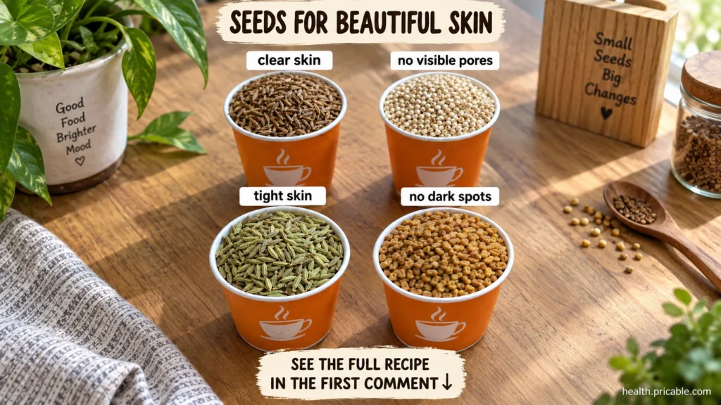 Four small bowls or coffee cups containing different types of seeds such as cumin fennel fenugreek and flax seeds arrang