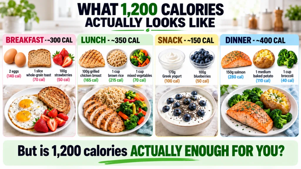 An infographic showing a full day of 1200 calories divided into breakfast lunch snack and dinner Each section displays v