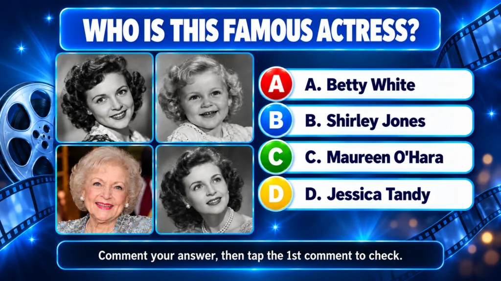A social media quiz card featuring a 2x2 grid of four portraits of Betty White at different ages with the question WHO I