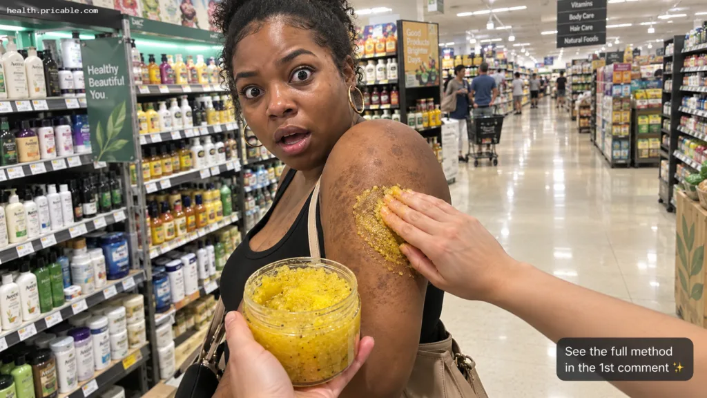 A woman reacting with surprise as a hand applies a yellow turmeric scrub to her arm with a jar of the scrub in the foreg